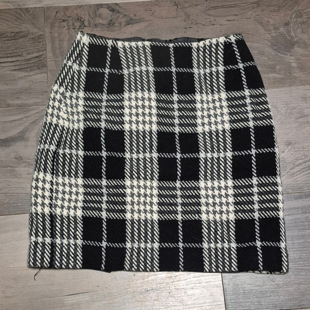 Eddie Bauer Womens Petite 2 Black White Wool Blend Plaid Mini Skirt Houndstooth